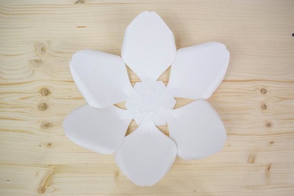 Six giant white paper petals attached to the base of a magnolia.