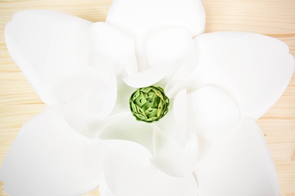 A green paper stamen attached to the middle of a giant white paper magnolia flower. 