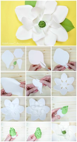 A 13-image grid showing the steps of creating a Giant White Paper Magnolia. 