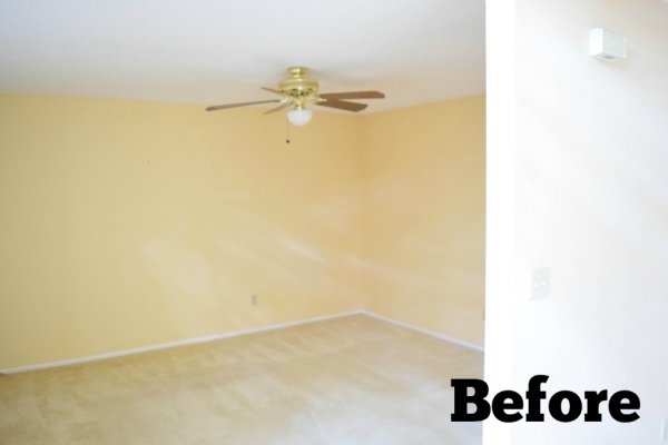 The word "Before" sits in the lower right corner, showcasing the empty beige and yellow living room before Abbi Kirsten renovated the space. 