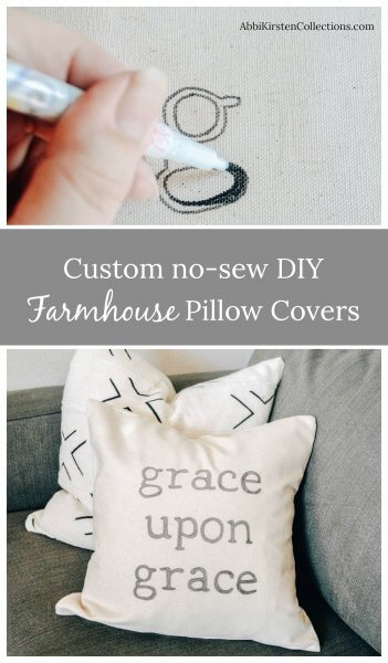 Two images showing different steps of the DIY Throw Pillow Covers process. There is text image overly that reads "Custom No-Sew DIY Farmhouse Pillow Covers".