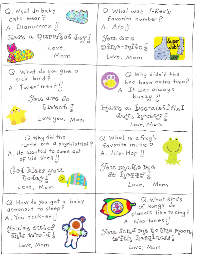 A sheet of lunch box notes ready to be cut. Each note uses a handwriting font, fun, colorful illustrations, and jokes for kids. The notes also have “Love, Mom” at the bottom.