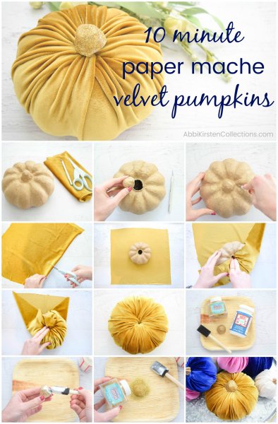 A collage of images show all the steps for making decorative no-sew fabric pumpkins.