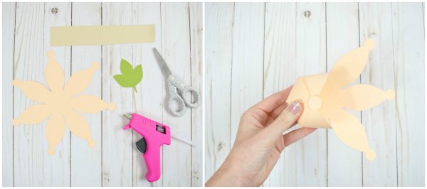 Two images showing the beginning steps of making a paper pumpkin. Templates and tools are laid out in the first image. Abbi's hand is forming a pumpkin in the second image. 