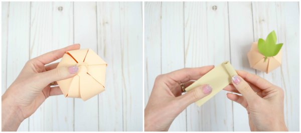 Two images showing Abbi folding together a paper pumpkin and rolling a stem. 