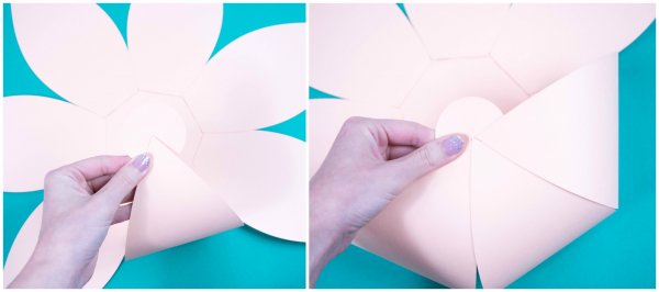 Two images showing edges of a paper pumpkin template being joined in the middle.