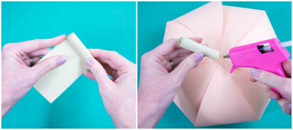 Two images showing the assembly of a paper stem. 