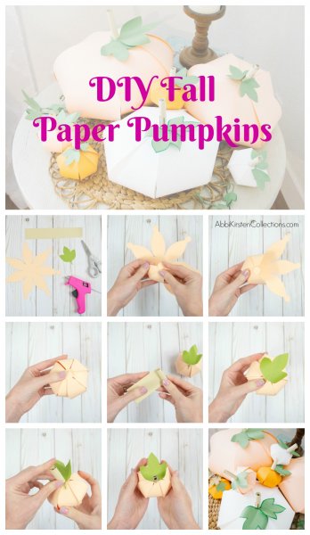 A collage of ten images showing the assembly of a paper pumpkin. 