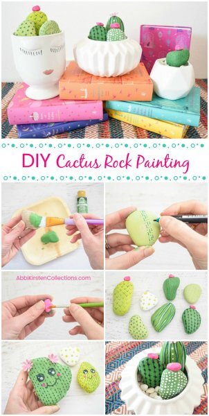 A collage of seven images showing the steps to creating cactus painted rocks. 