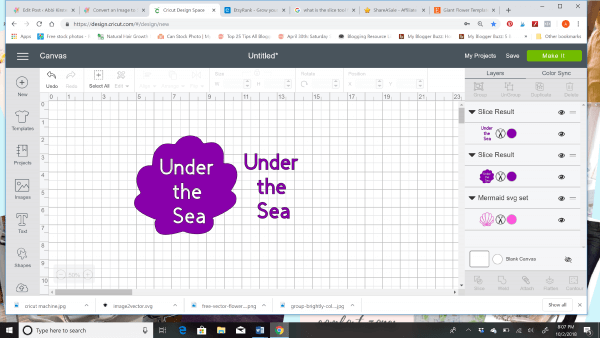 Design Space screenshot shows the words "Under the sea" sliced from a purple cloud, and pasted in purple on the right. The Cricut for Beginners shows how to use the basic Cricut Design Space tools. 