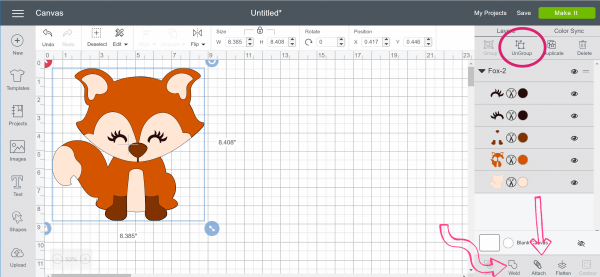 A simple illustration of a cute fox in a blue square on this screenshot of the Design Space canvas. The Ungroup menu is open and pink arrows highlight the Weld and Attach buttons and a pink circle around the Ungroup button. 