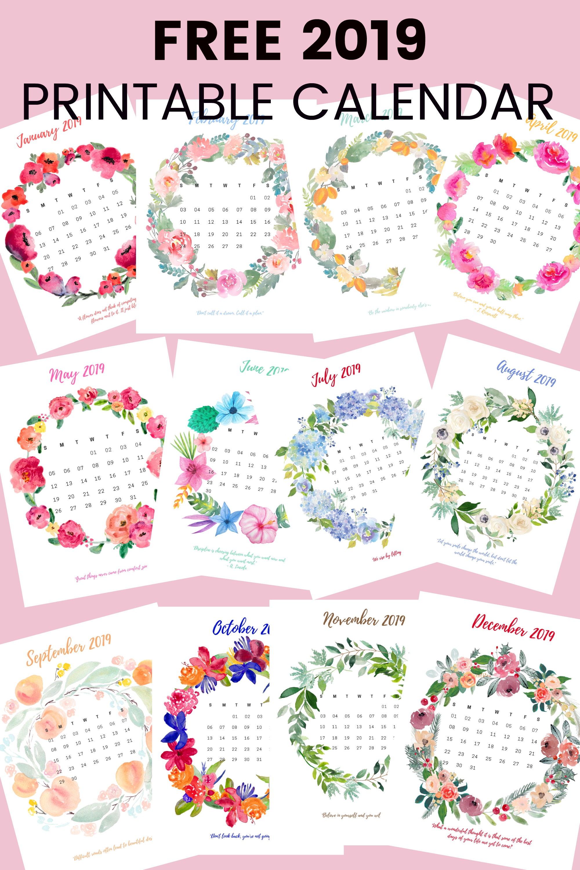 The twelve pages of the free 2019 calendar. Each month, a wreath of flowers encircle the days. 