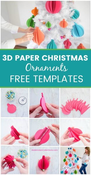 The top text says "3D paper Christmas Ornaments Free Templates." Nine images below show how to make the ornaments from start to finish. 