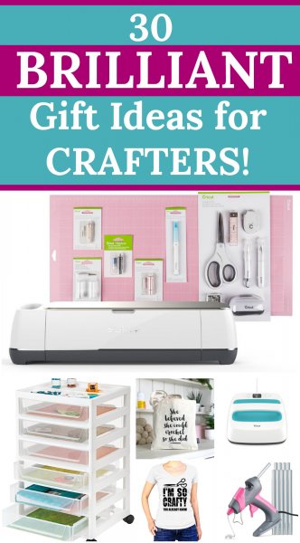 A collage graphic with white text on a purple and blue background that reads "30 Brilliant Gift Ideas for Crafters!." A pink craft mat with various craft tools like scissors, a Cricut machine, a rolling craft cart with drawers, printed t-shirt, a glue gun and an EasyPress Mini are example of gift ideas for the crafter in your life. 