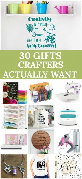 "Gift Ideas For Crafters: 30 Brilliant Gifts for Crafters" is written in white text on a sage green rectangle. Above the text is a picture of an art decal for a wall. Below the text is a grid of gifts for crafters that include printed totes and shirts, a craft caddy, paper organizer, wooden clock, Abbi Kirsten's book, a glue gun, an EasyPress and a sewing machine. 