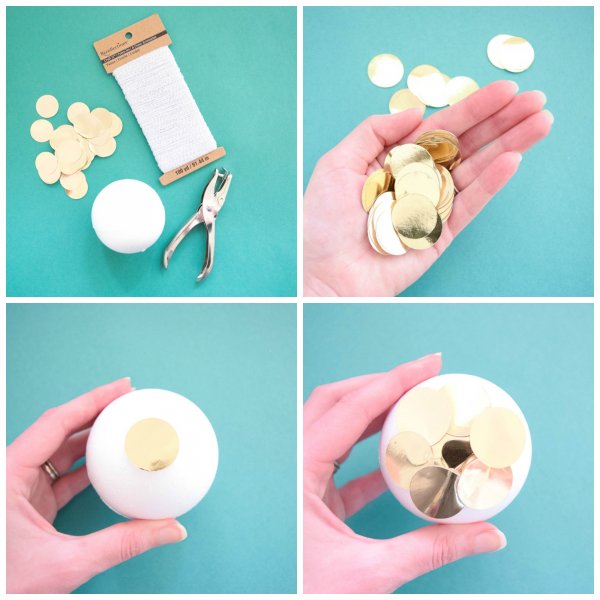 Elegant DIY Silver and Gold Paper Ornaments can be made easily by following these picture instructions. The first four steps are shown in four pictures. The first picture shows the supplies needed. The second photo are completed gold circles/ The third picture shows Abbi's hands placing one circle on the top of the foam ball. The fourth picture shows how to layer the circles around the foam ball. 
