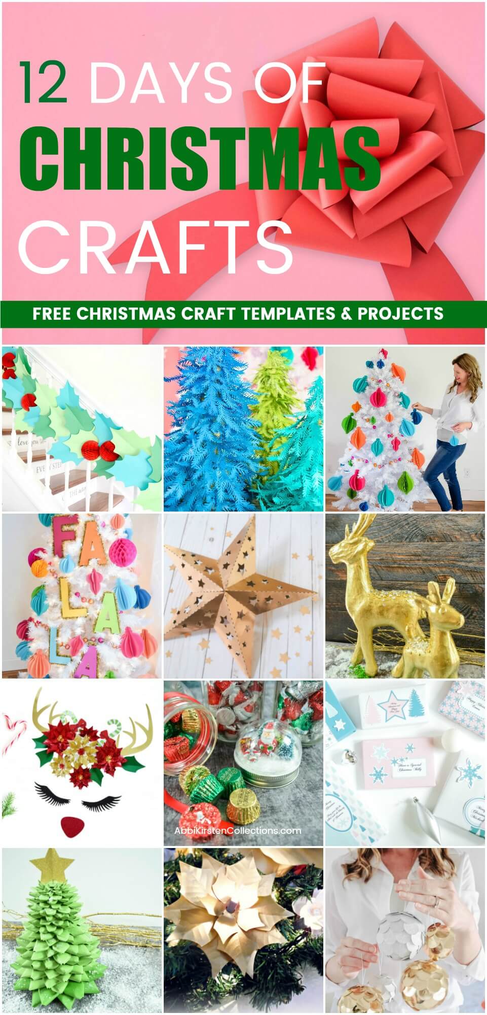A collage of 12 Christmas craft images, including paper garlands, Christmas tree decorations, gift wrap, and more. Text across the image says "12 Days of Christmas Crafts" and "Free Christmas craft templates & projects"