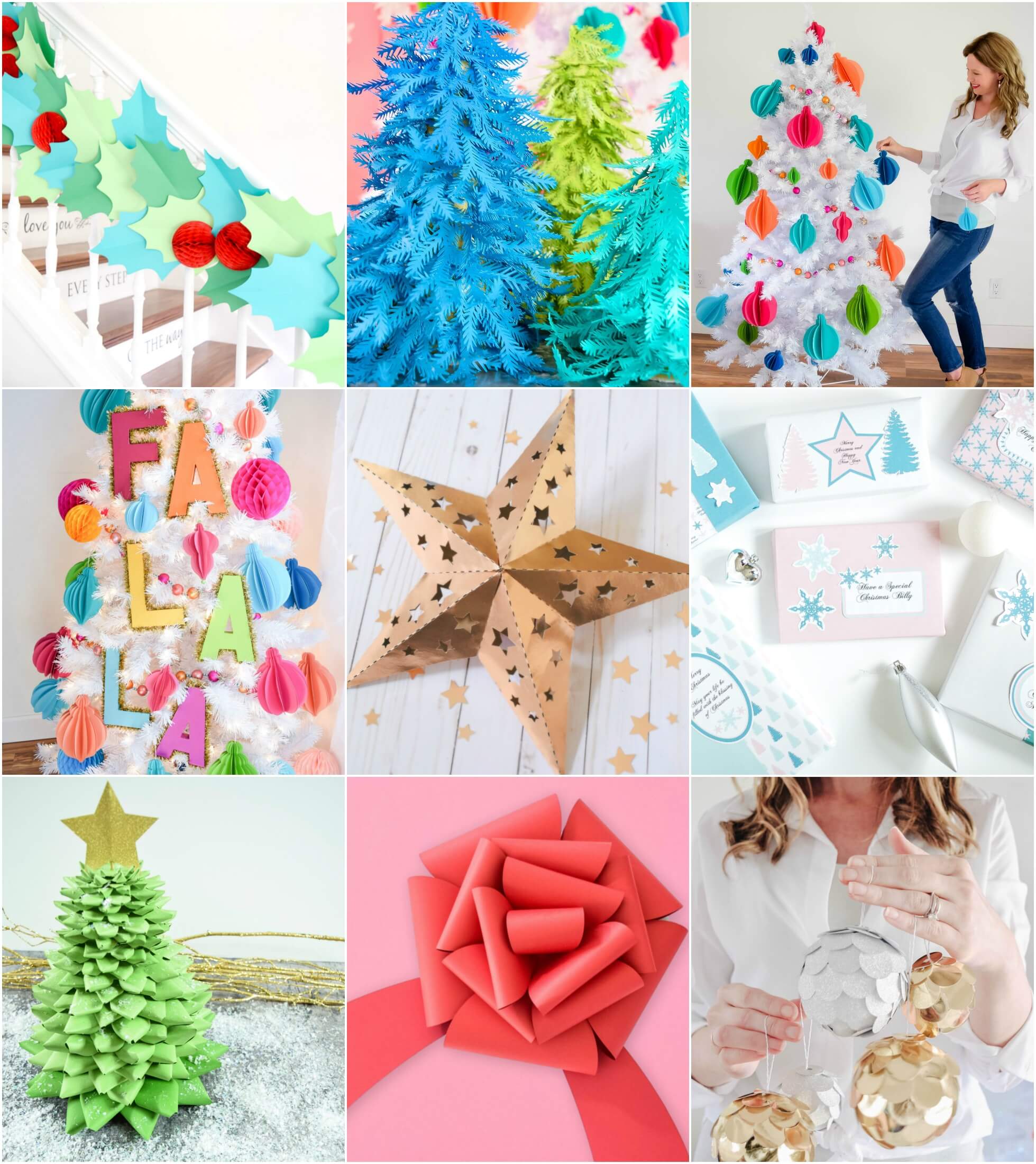 A collage of images show nine different Christmas crafts, from paper garland to decorative paper Christmas trees, bows, Christmas cards, and ornaments.