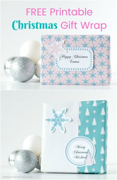 Free Printable Christmas Gift Wrap is written across the top in pink and teal. Personalized blue, white and light pink wrapping paper printed with white evergreens, stars and blue snowflakes sit in front of silver and white ball ornaments. 