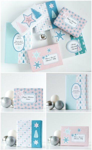 Free Printable Christmas Wrapping Paper samples are displayed in this five-paneled graphic. The presents are wrapped in shades of white, teal, blue and pink colors printed with Christmas patterns printed at home. White and silver ball ornaments add holiday whimsy to the examples of homemade gift paper. 