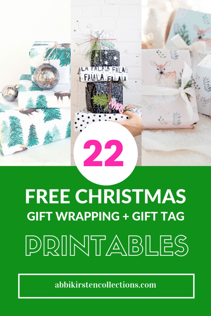A graphic featuring three pictures of various custom-printed gift wraps and presents. The text reads, "22 Free Christmas Gift Wrapping + Gift Tag Printables." The website on the bottom reads, “abbikirstencollections.com.”