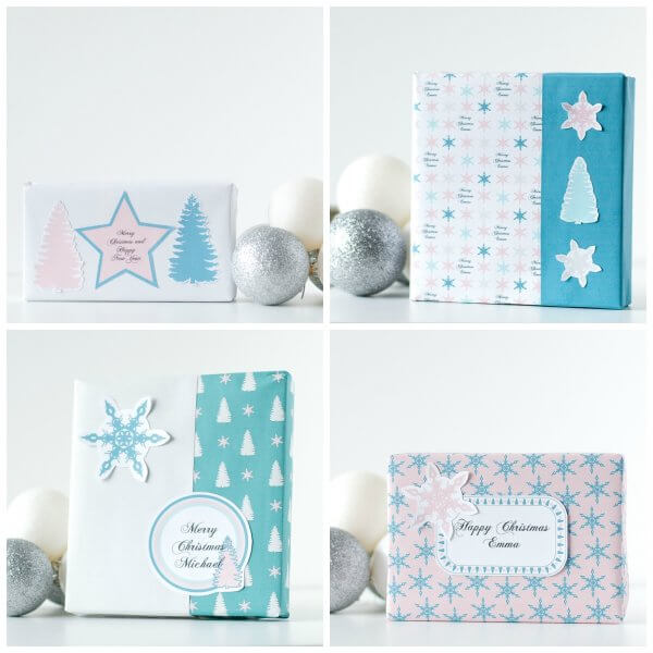 The four-paneled graphic shows unique, printed Christmas gift wrap you can make at home. The wrapping paper is sea green and white with tree patterns, pink and blue snowflakes, blue, pink and white stars, snowflakes and trees. The wrapped presents sit in front of a white background and white and silver ornaments. 