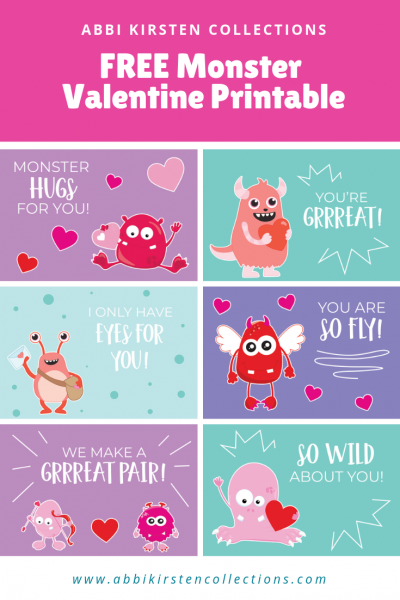 A seven-paneled graphic showing examples of printable valentine's cards for kids. The six single page cards have illustrations of friendly monsters and hearts. The cards have pun tags like "Monster hugs for you" and "I only have eyes for you."