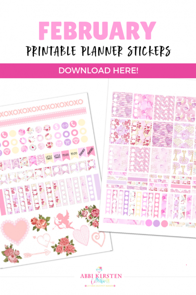 A graphic of two sheets of stickers for February. Images are pink-hued and love-themed. The header reads "February Printable Planner Stickers Download Here!"