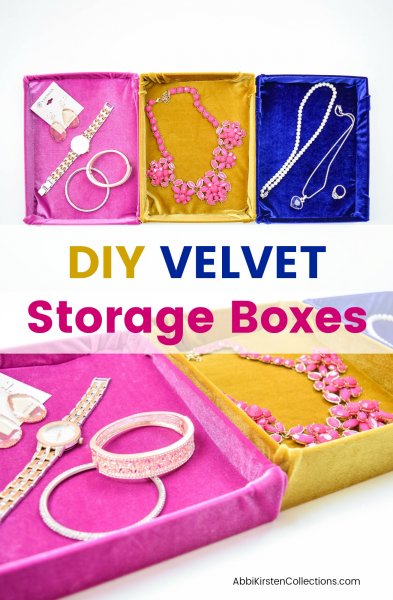 Marie Kondo tidying up with storage boxes. Close-ups and overhead views of old shoe boxes wrapped in soft velvet. The text reads "DIY Velvet Storage Boxes."