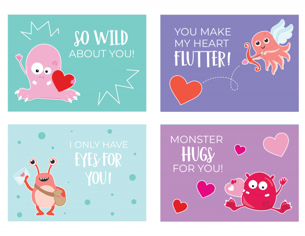 Four additional examples of these free Cricut print-then-cut children's Valentine's Day cards to hand out to friends at school. The single page cards are in muted shades of green, blue, and purple and have a fuzzy cute monster with hearts and funny phrases like "So wild about you" and "Monster hugs for you!"