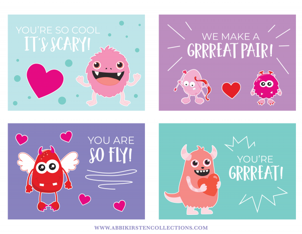 You can easily and quickly create these adorable monster Valentine's Day cards for your kids to hand out at school. These four examples are in shades of blue, green, and purple, each with a cute monster and a funny message such as "You're so cool it's scary"  and "We make a grrreat pair." Each fuzzy monster is smiling and surrounded by hearts.