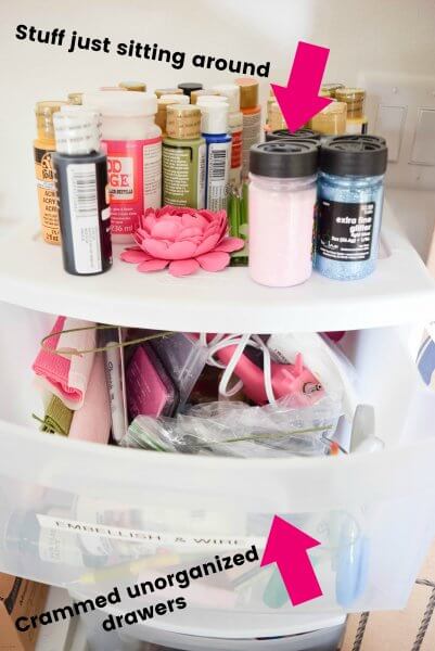 This “before” photo shows a small shelving unit crammed with supplies. When your craft supplies are crammed on shelves and unorganized drawers, your productivity suffers. 