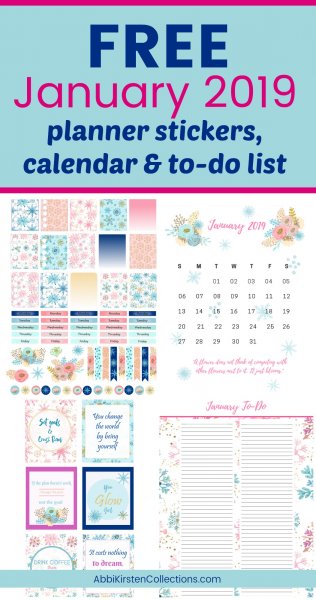 A collage of January winter-inspired planner stickers and pages with text overlay that states Free January 2019 planner stickers, calendar & to-do list. 