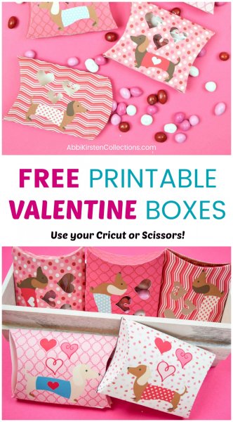 Free printable Valentine box examples lay on a pink background. Red, white, and pink candy surrounds the various box designs. The center text reads "Free printable valentine boxes use your Cricut or scissors!"