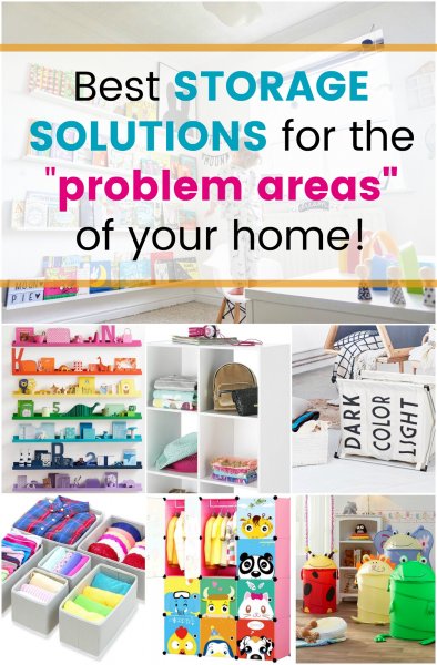 A collage of 7 photos showing various home storage ideas with image text overlay that reads "Best storage solutions for the problem areas of your home!"