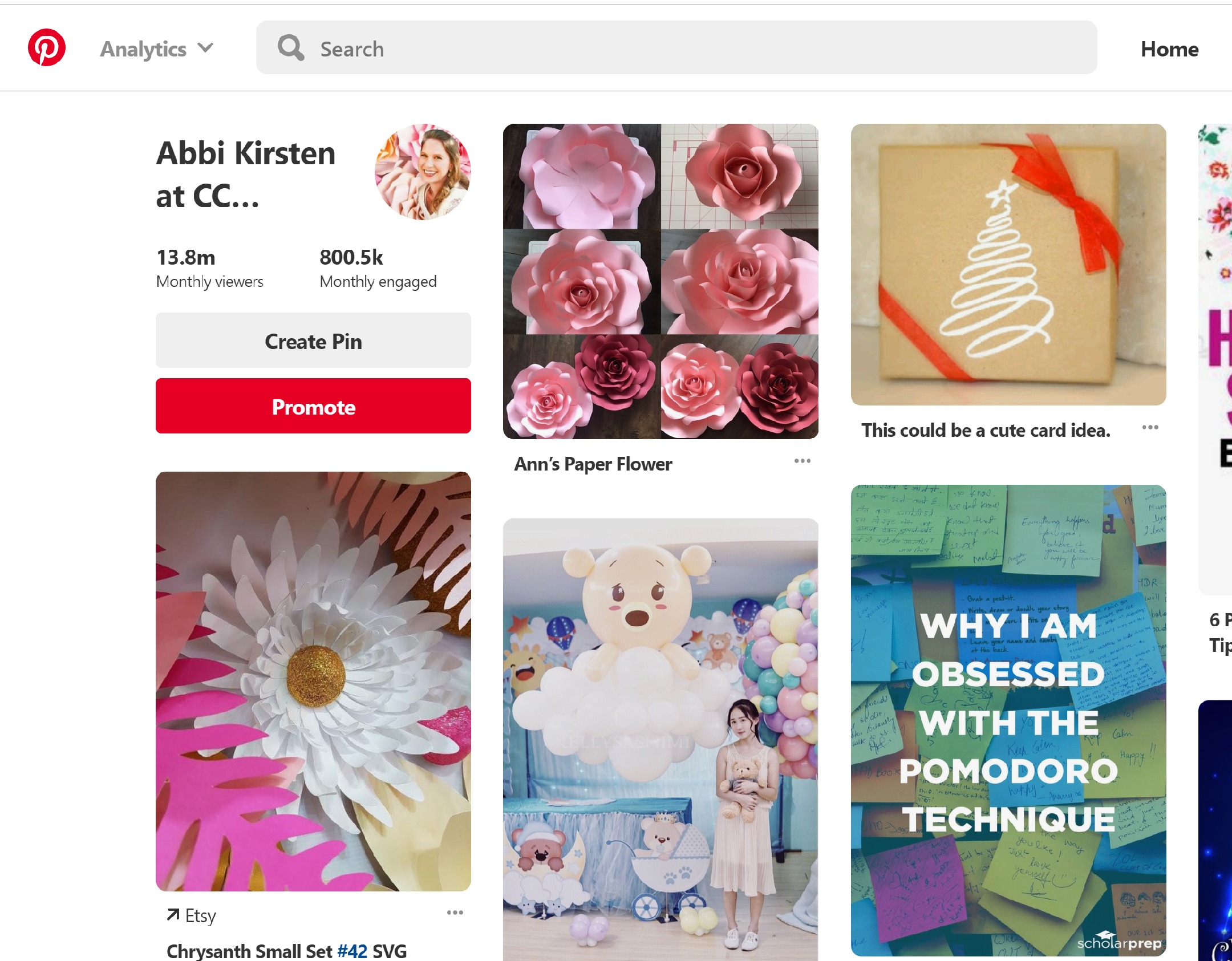 A screen shot of Abbi Kirsten's Pinterest page with various images of her many projects.