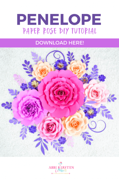 Blue leaves adorn this pink and purple bouquet of Penelope paper flowers. The top of the graphic reads "Penelope paper rose DIY tutorial download here!"