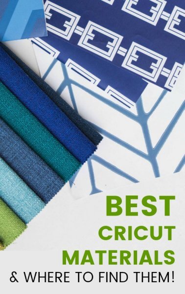Green text reads "Best Cricut Materials and Where to Find Them!" under blue-hued rolls of crafting vinyl and geometric shapes. 