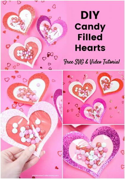 A multi-picture graphic of the Valentine's Day candy-filled heart envelopes. The upper right-hand corner says "DIY candy-filled hearts free SVG and video tutorial."