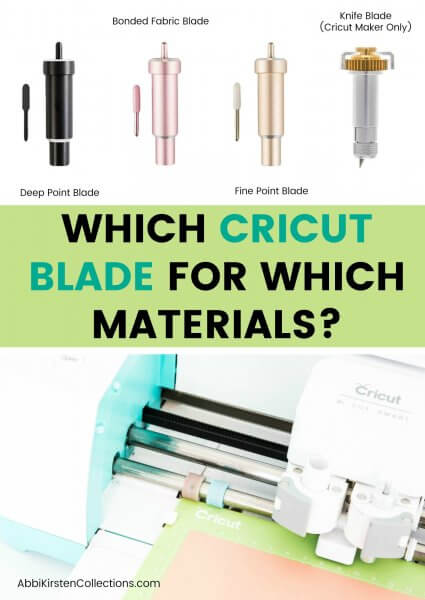 A picture graphic on different Cricut blades: deep point blade, bonded fabric blade, fine point blade, and knife blade. The words "Which Cricut blade for which materials?" is written across the center. 