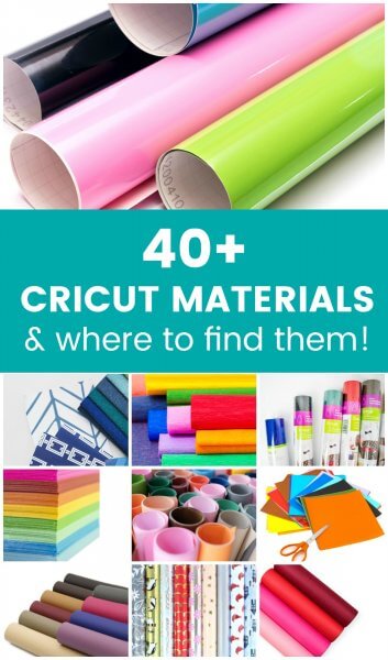 Pictures of materials that Cricut Explore and Maker can cut sit below a green rectangle. The center rectangle has white text that reads "40+ Cricut materials and where to find them." Above the center is a closeup of shiny rolls of vinyl. 