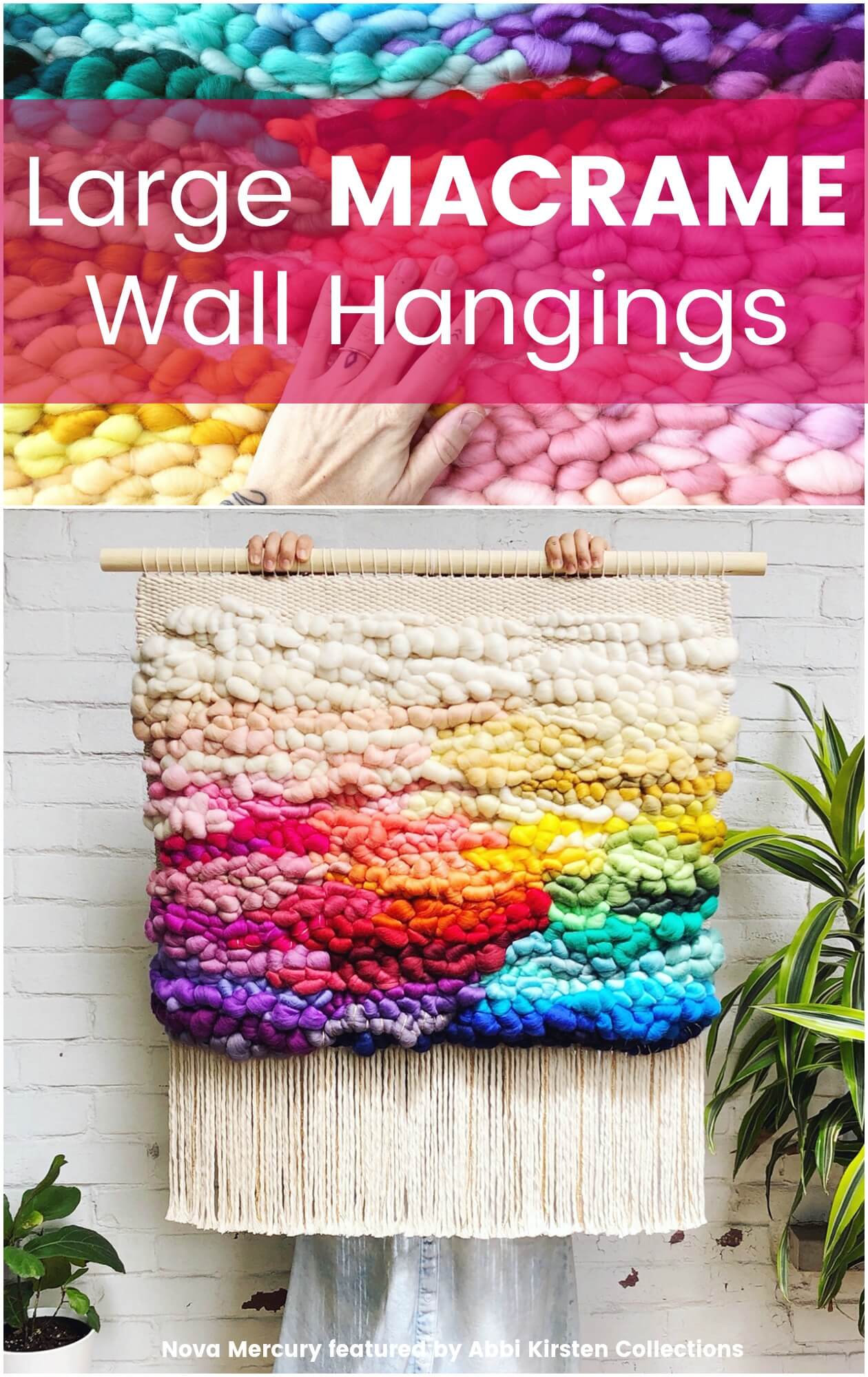 A woman holds up a large macrame wall hanging made with many colors of intricately woven fabric. Every color of the rainbow is woven between strands of tan and cream macrame threads.