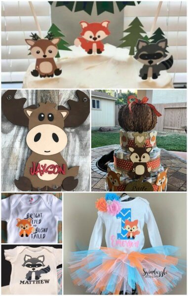 These six collage pictures show the uses of Cricut paper woodland animals. The SVG files include paper animals in a paper forest display or personalized with the name Jason and as decorations on a fake Autumn cake. Three pictures show a racoon as an iron-on t-shirt decoration, or a little girls ballet onesie. 
