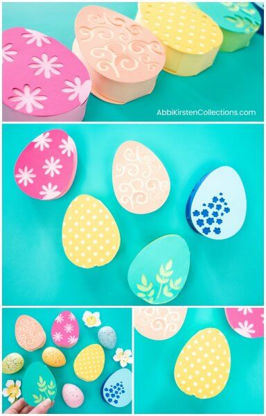 There are four pictures in this graphic. All the photos are different angles of the paper Easter eggs of varying colors on a teal background.