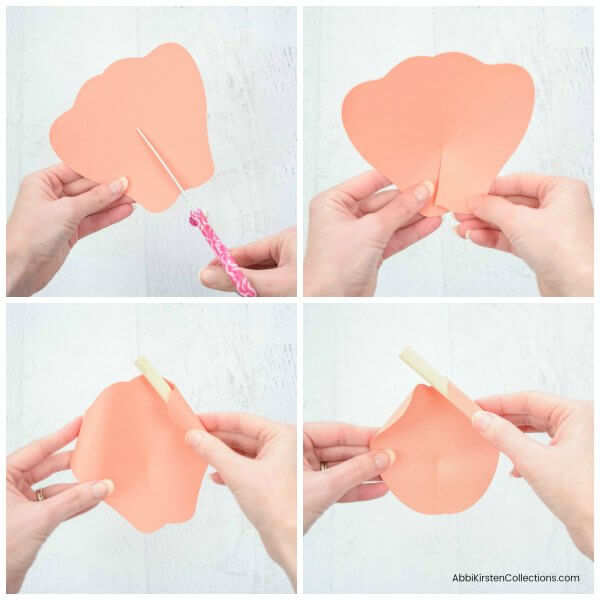 Abbi Kirsten demonstrates how to cut a notch in a paper peony flower petal, then how to make depressions and petal curls. 