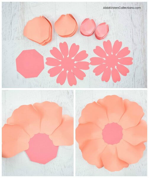 Three steps to making large paper peonies, from a picture of all the petal pieces cut out and stacked to how to assemble the petals on the paper base. 