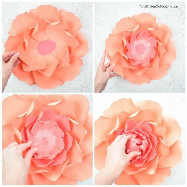 A four-panelled picture instruction on how to add paper peony petal layers from the second row to the final center. 