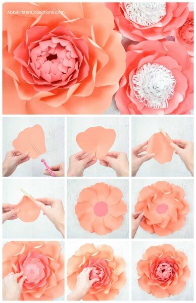 A ten-panelled graphic showing the steps needed to make large paper peonies. The top picture is an overhead view of finished paper peonies with varying center stamens. 