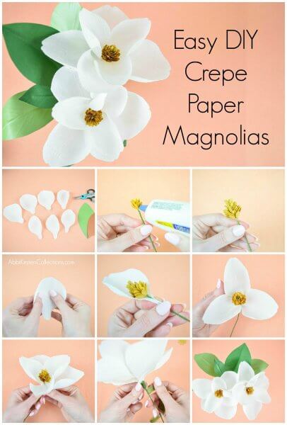 A grid of several images showing the steps of creating white DIY Crepe Paper Magnolia Flowers. 