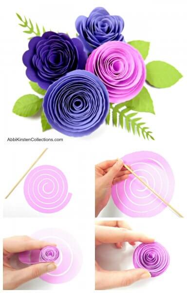 A collage of four images shows how to make rolled paper rosette flowers. A larger image on top shows three blue and purple paper rosettes surrounded by green paper leaves.